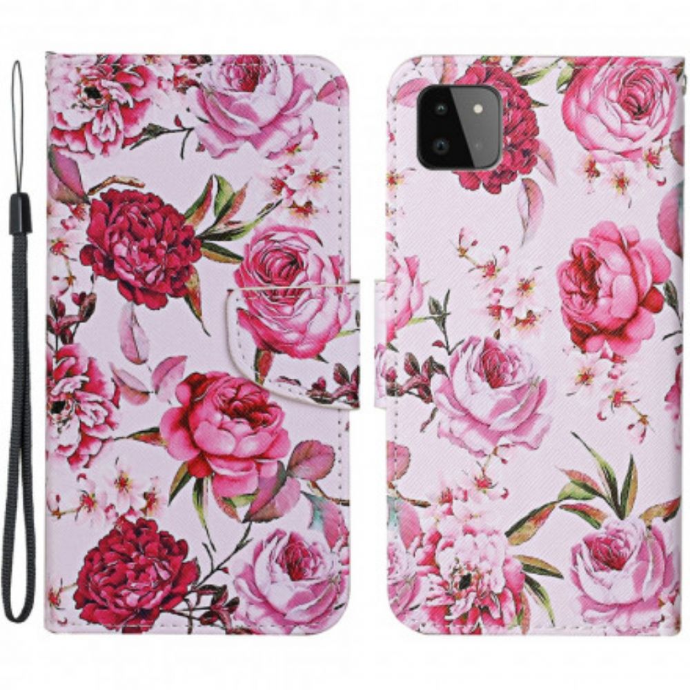 Leren Hoesje voor Samsung Galaxy A22 5G Meesterlijke Bloemen Met Riem