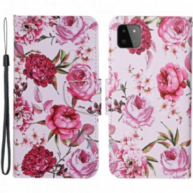 Leren Hoesje voor Samsung Galaxy A22 5G Meesterlijke Bloemen Met Riem