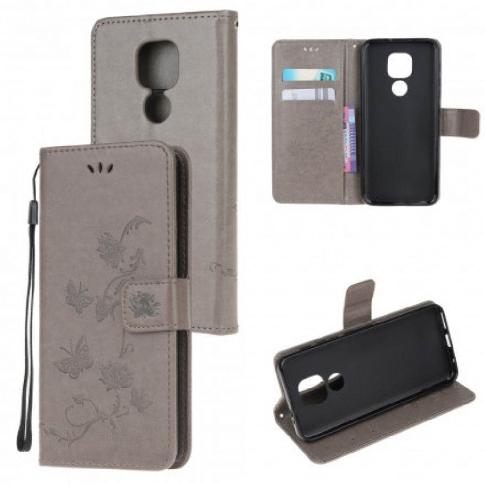 Folio-hoesje voor Moto G9 Play Met Ketting Thong Vlinders En Bloemen