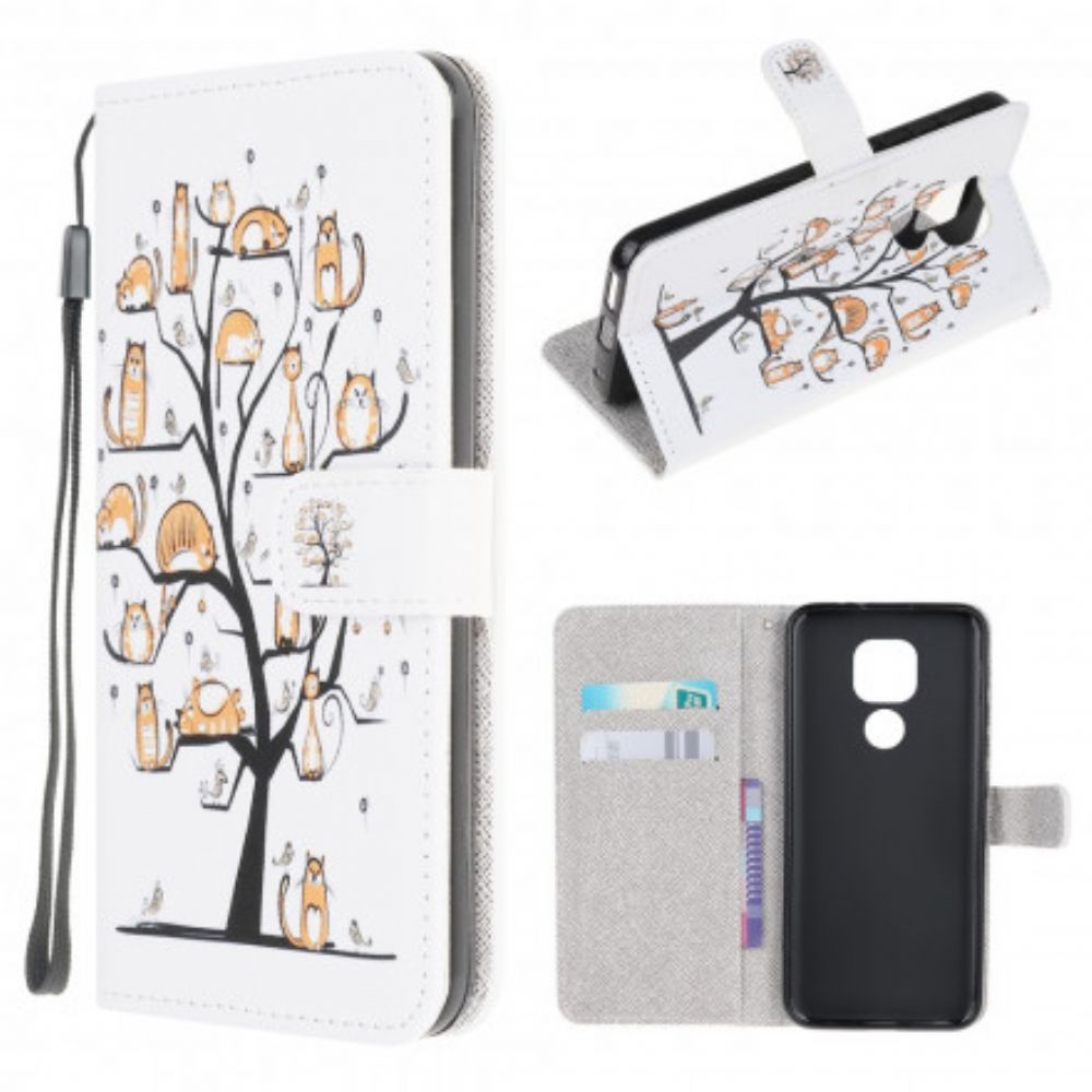 Leren Hoesje voor Moto G9 Play Met Ketting Funky Katten Met Riem