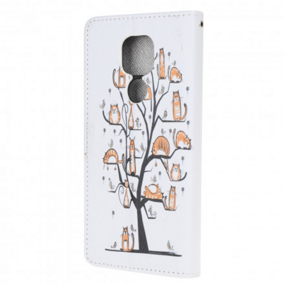 Leren Hoesje voor Moto G9 Play Met Ketting Funky Katten Met Riem