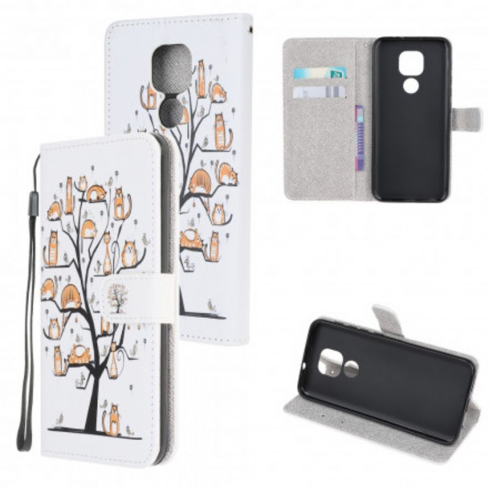 Leren Hoesje voor Moto G9 Play Met Ketting Funky Katten Met Riem