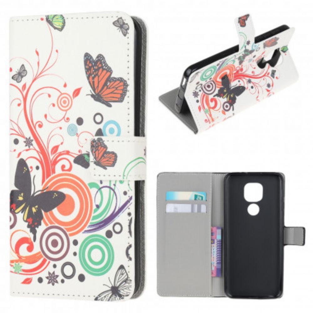 Leren Hoesje voor Moto G9 Play Vlinders En Bloemen