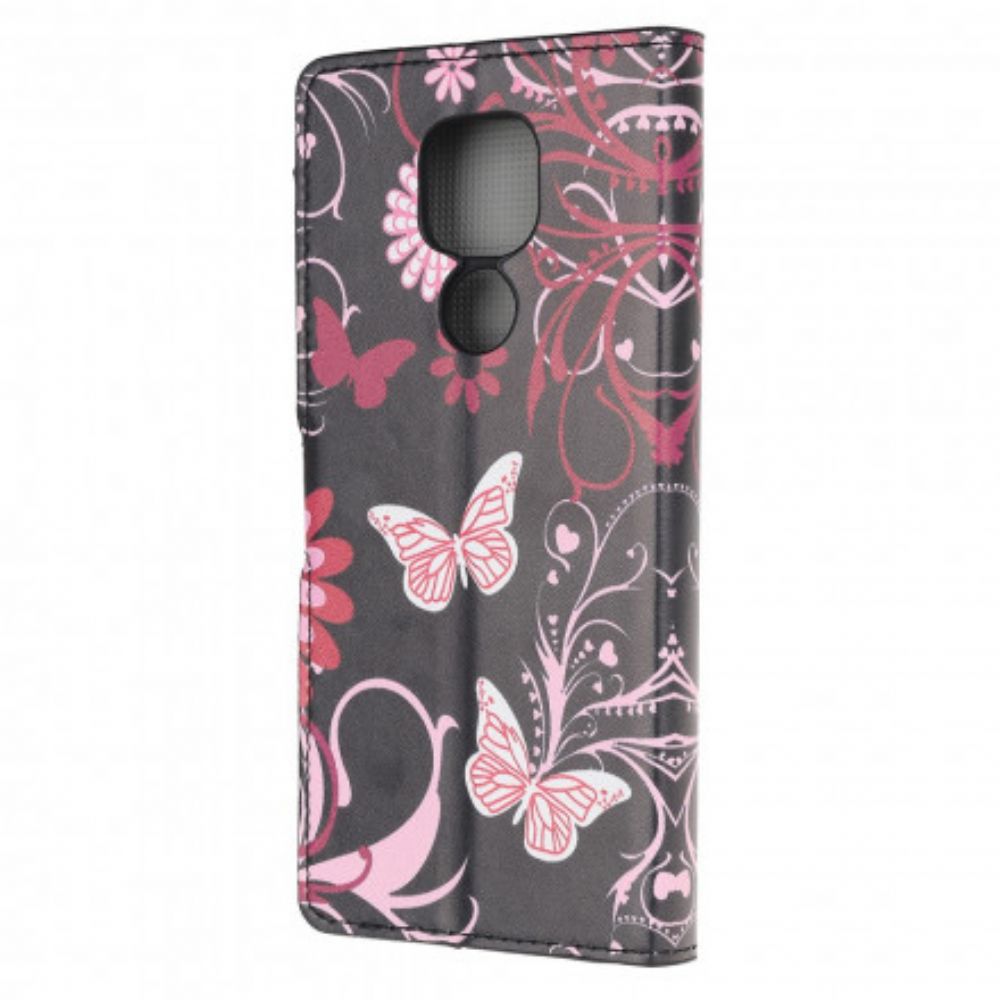 Leren Hoesje voor Moto G9 Play Vlinders En Bloemen