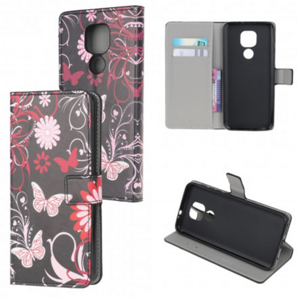 Leren Hoesje voor Moto G9 Play Vlinders En Bloemen