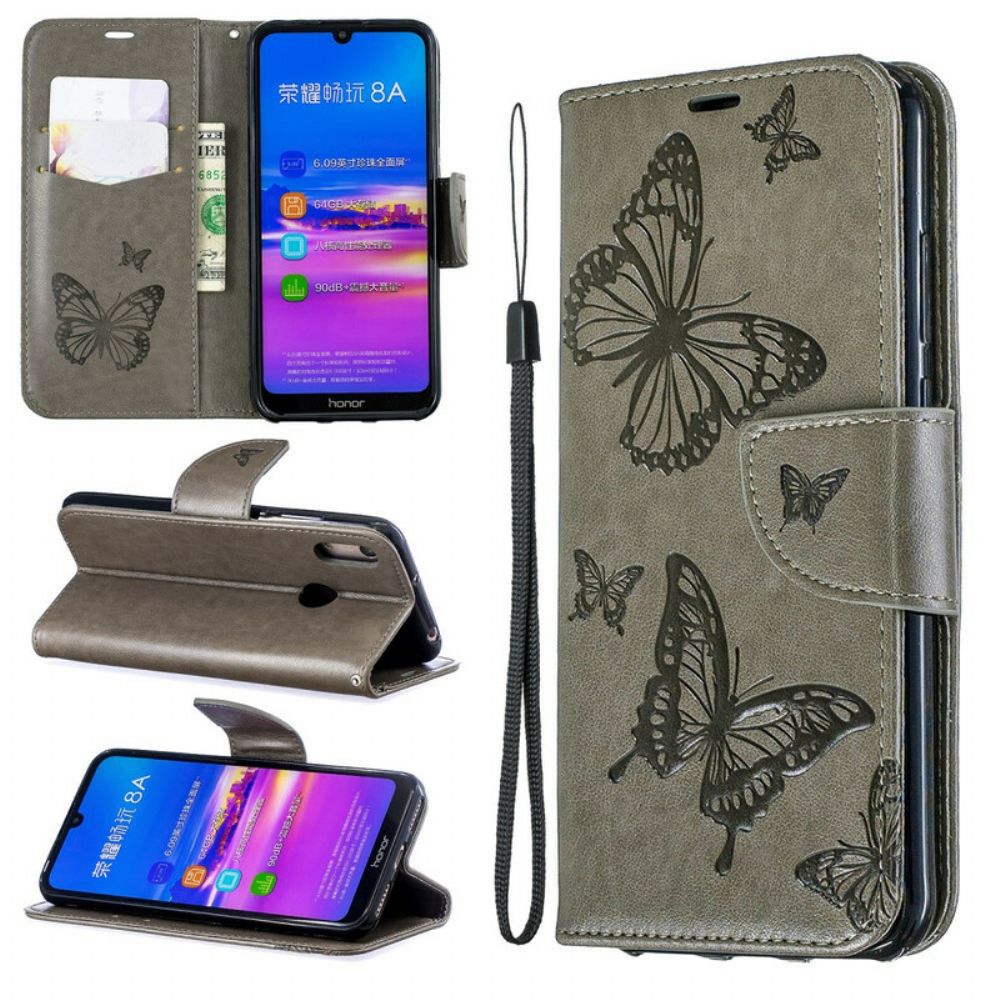 Leren Hoesje voor Huawei Y6 2019 / Honor 8A Folio-hoesje Vlinders En Schuine Klep