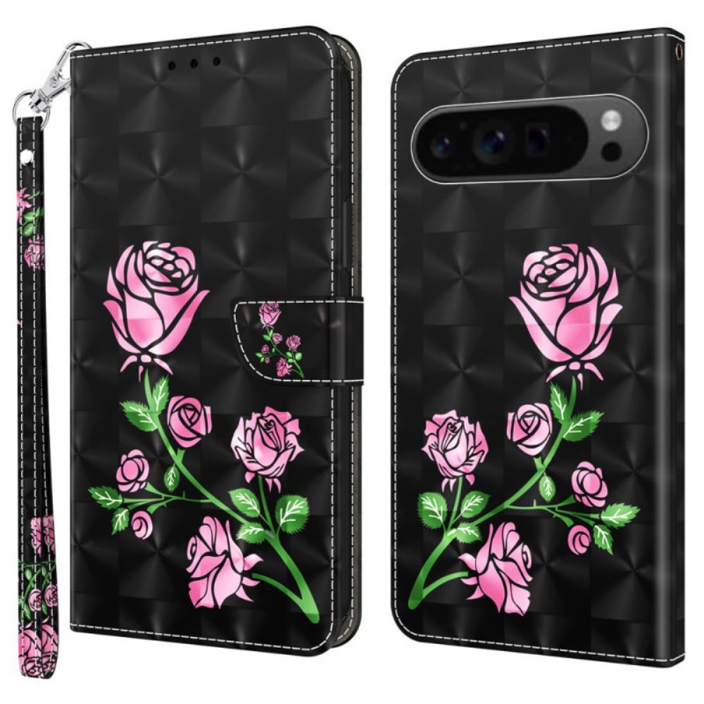 Bescherming Hoesje Google Pixel 9 Pro Xl Roze Bloemen Met Riem