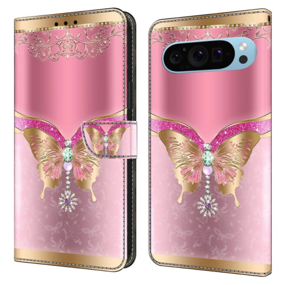 Flip Case Leren Google Pixel 9 Pro Xl Roze En Gouden Vlinder