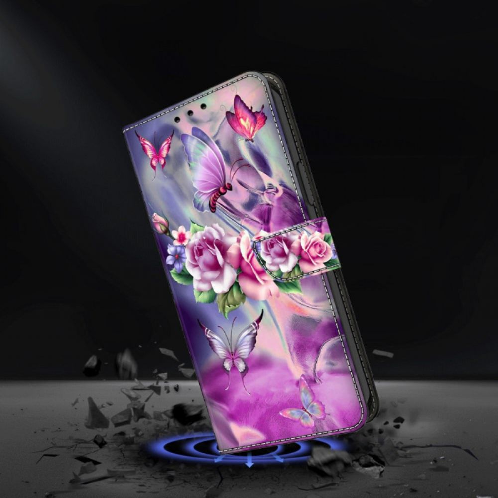 Folio-hoesje Google Pixel 9 Pro Xl Paarse Vlinders En Bloemen