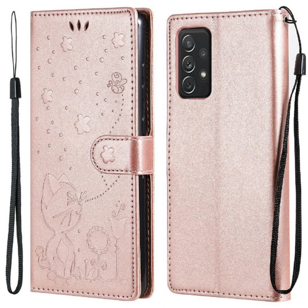 Folio-hoesje voor Samsung Galaxy A72 4G / 5G Met Ketting Kat En Bij Met Riem