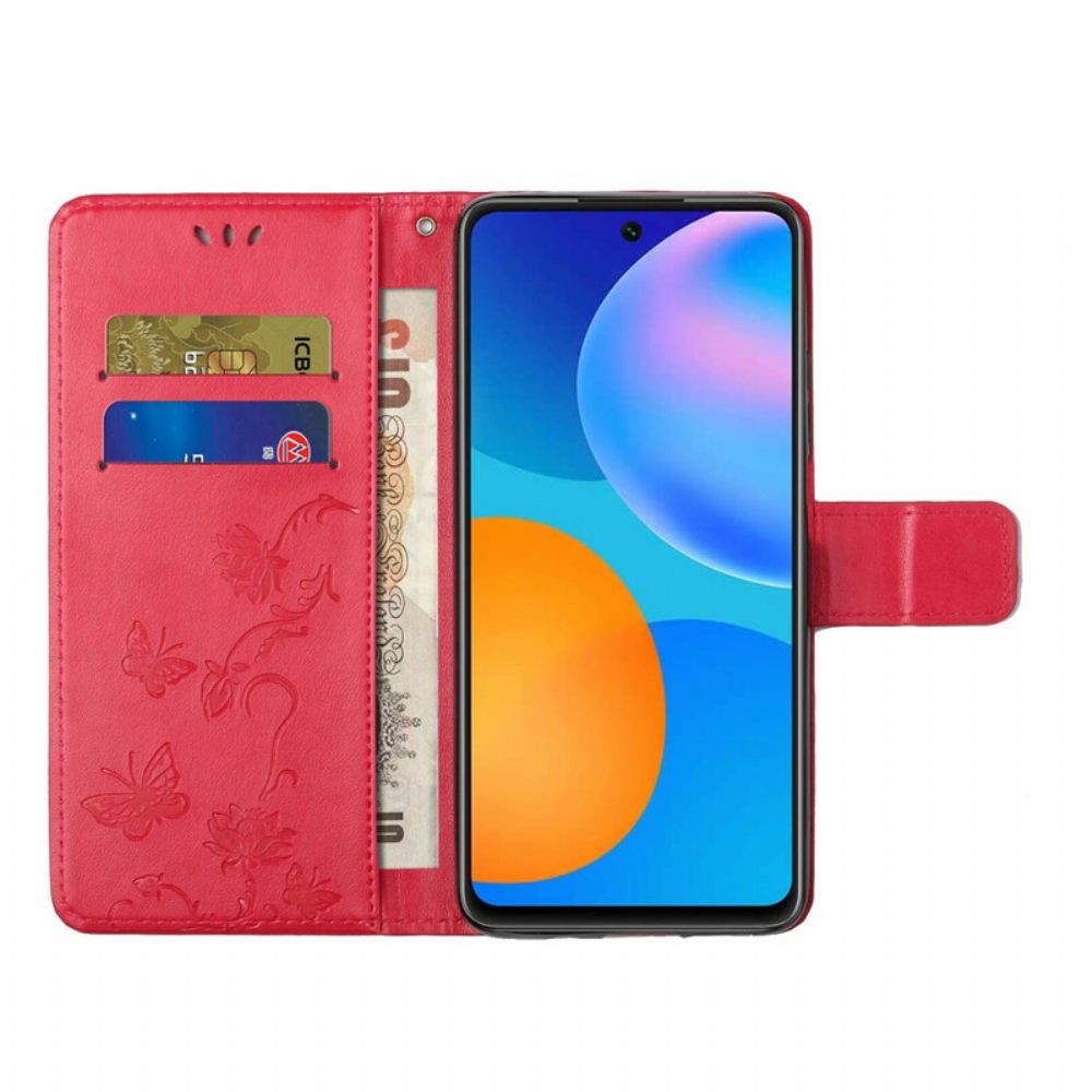 Folio-hoesje voor Samsung Galaxy A72 4G / 5G Met Ketting Thong Vlinders En Bloemen