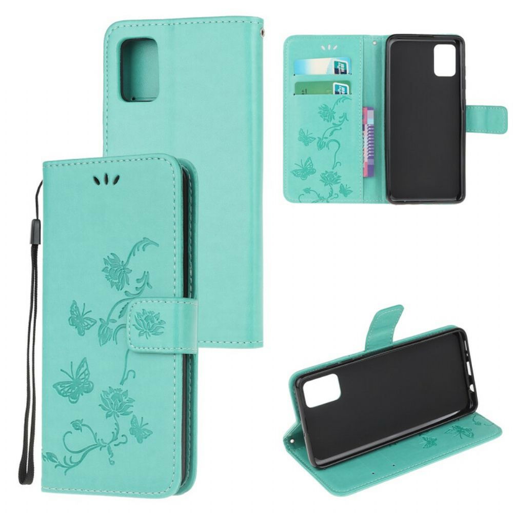 Folio-hoesje voor Samsung Galaxy A72 4G / 5G Met Ketting Thong Vlinders En Bloemen