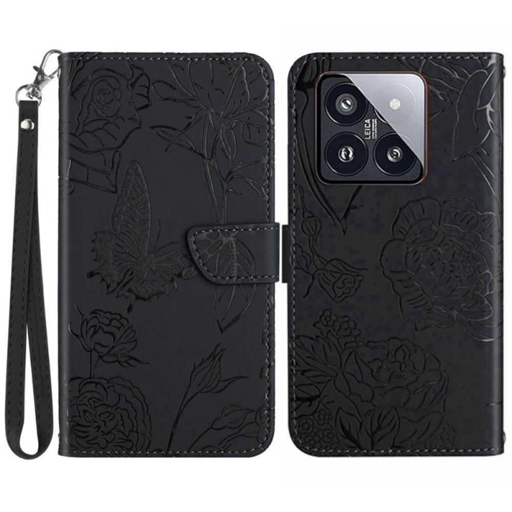 Bescherming Hoesje Xiaomi 14 Pro Vlinderprint Met Bandje