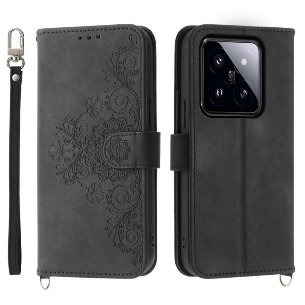 Flip Case Leren Xiaomi 14 Pro Kant Met Band En Schouderband