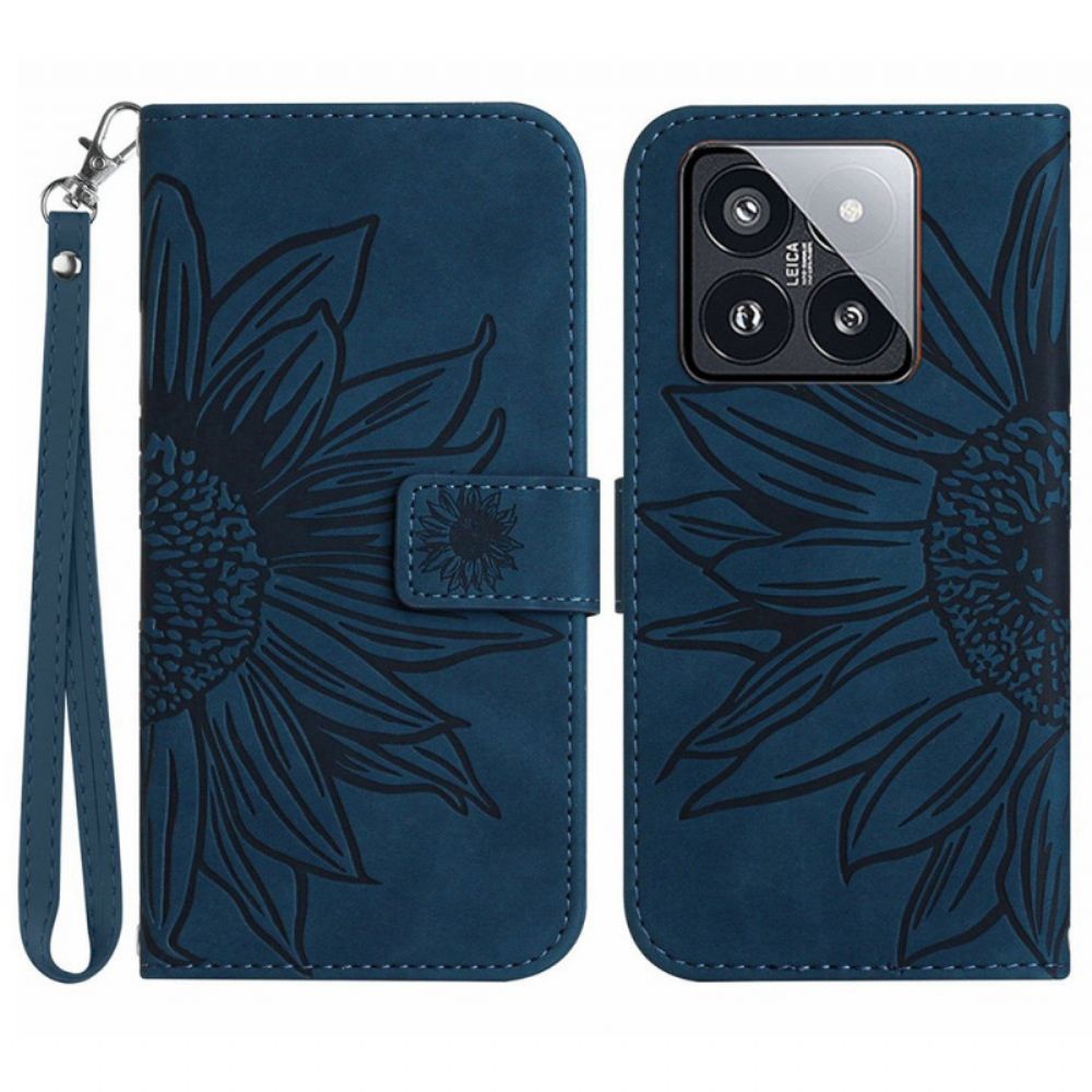 Folio-hoesje Xiaomi 14 Pro Telefoonhoesje Zonnebloemprint Met Riempje