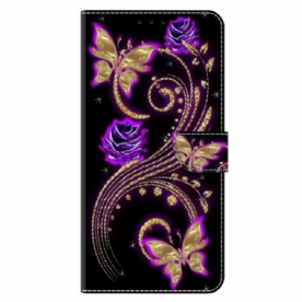 Leren Hoesje Voor Xiaomi 14 Pro Violette Bloemen En Vlinders