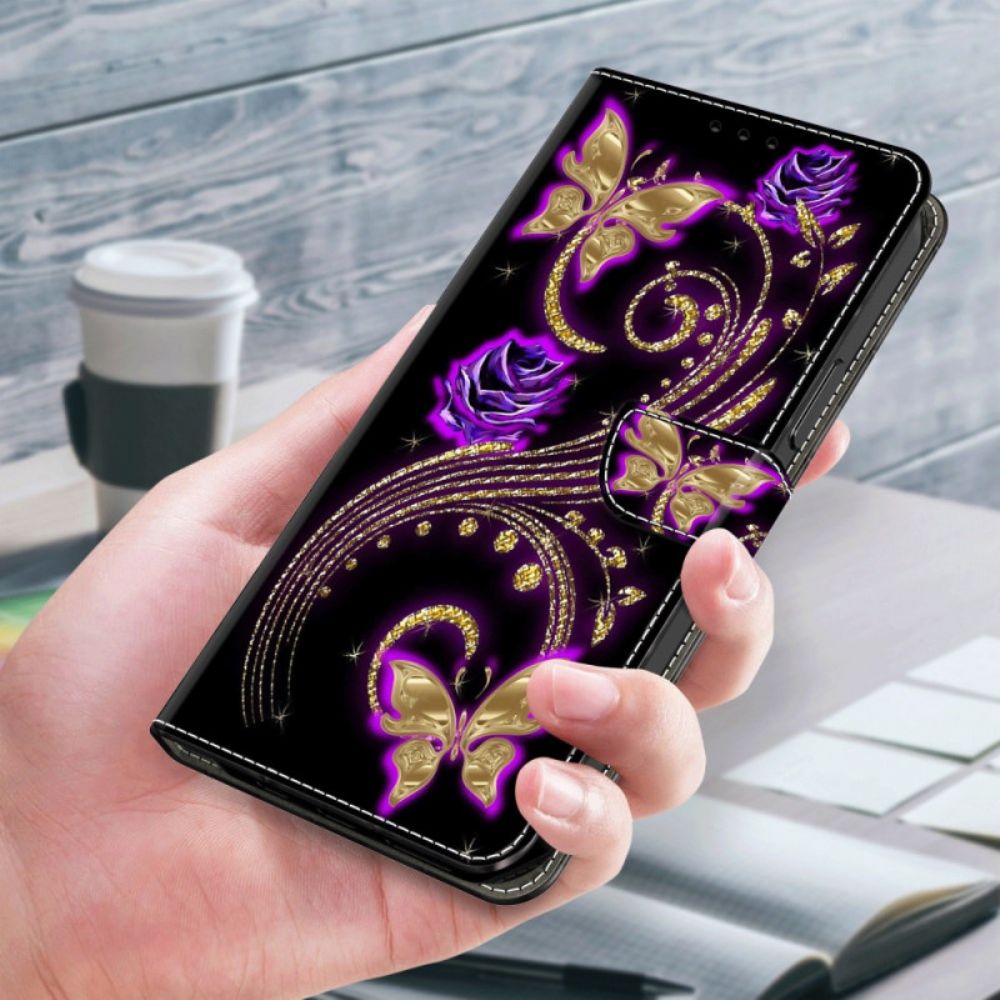 Leren Hoesje Voor Xiaomi 14 Pro Violette Bloemen En Vlinders