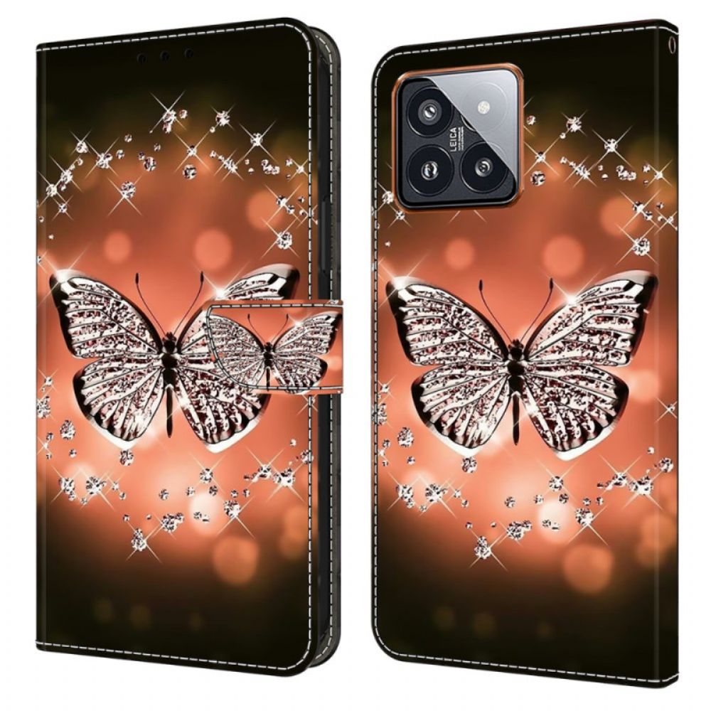 Leren Hoesje Xiaomi 14 Pro Kristallen Vlinder Bescherming Hoesje