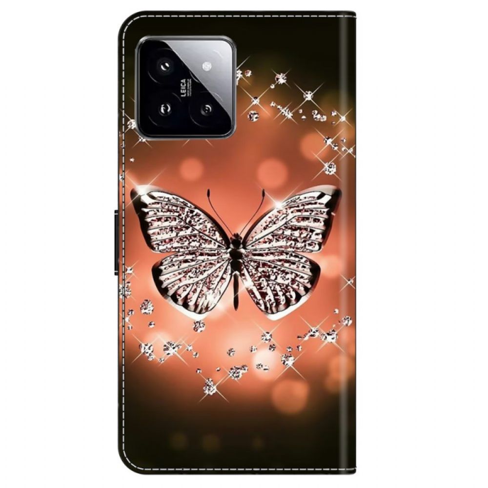 Leren Hoesje Xiaomi 14 Pro Kristallen Vlinder Bescherming Hoesje