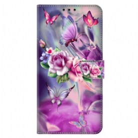 Leren Hoesje Xiaomi 14 Pro Paarse Vlinders En Bloemen