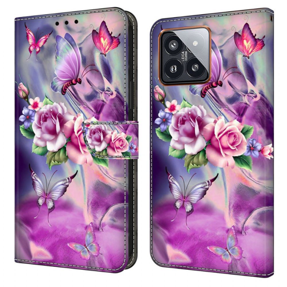 Leren Hoesje Xiaomi 14 Pro Paarse Vlinders En Bloemen