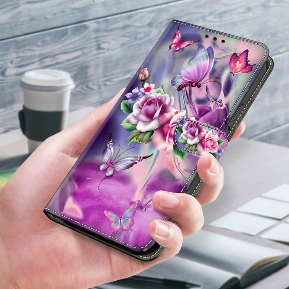 Leren Hoesje Xiaomi 14 Pro Paarse Vlinders En Bloemen