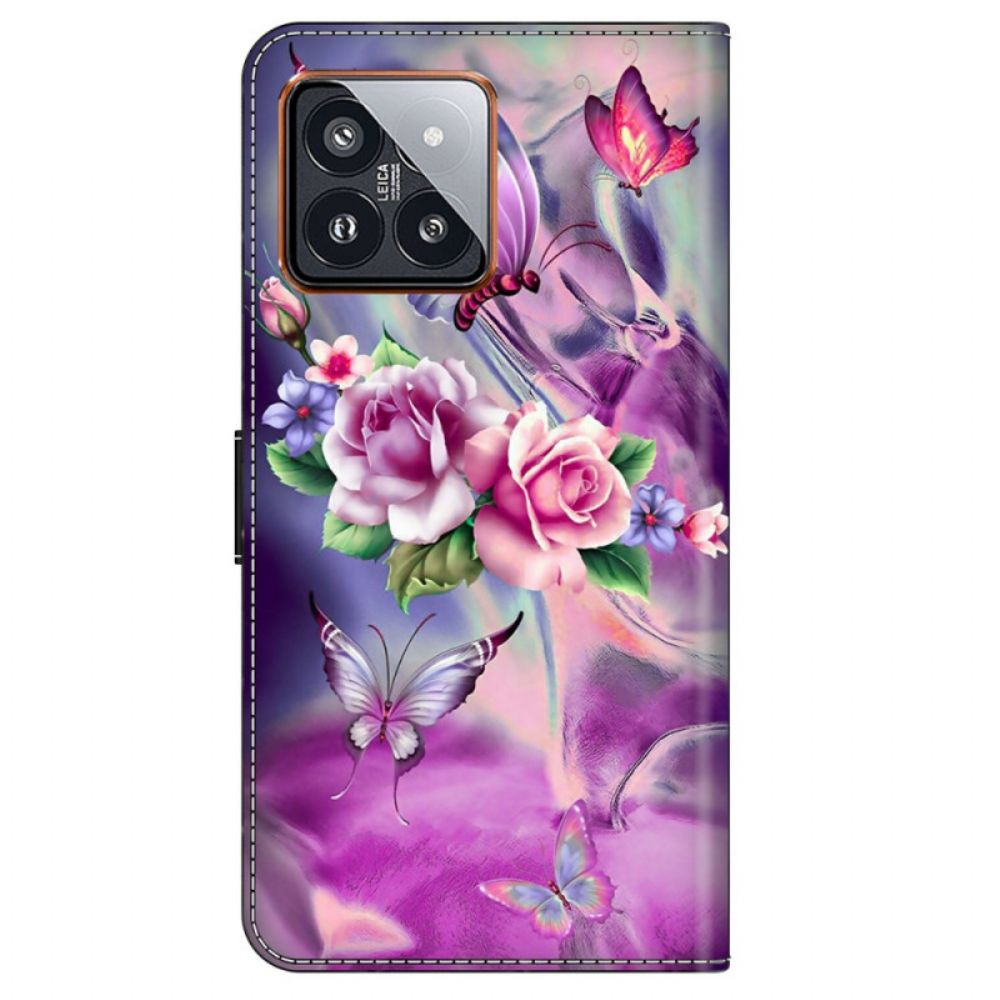 Leren Hoesje Xiaomi 14 Pro Paarse Vlinders En Bloemen