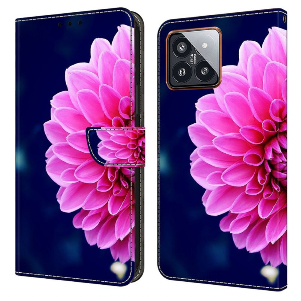 Leren Hoesje Xiaomi 14 Pro Roze Bloem Op Blauwe Achtergrond Bescherming Hoesje