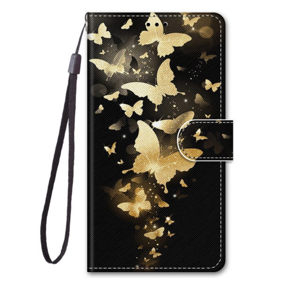 Flip Case voor Samsung Galaxy M53 5G Met Ketting Gouden Vlinders Met Riem