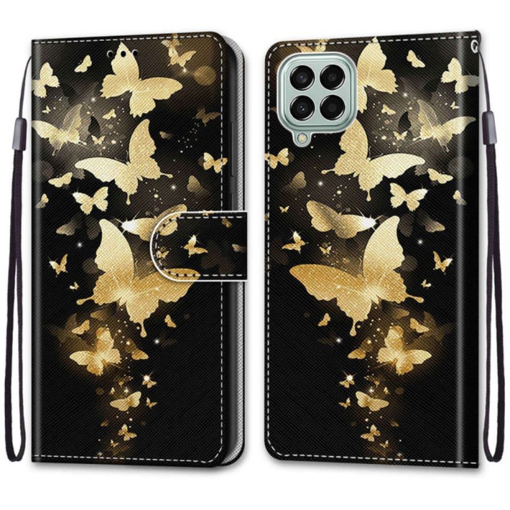 Flip Case voor Samsung Galaxy M53 5G Met Ketting Gouden Vlinders Met Riem