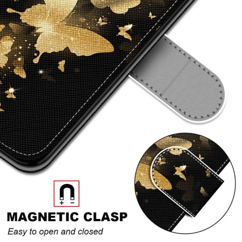 Flip Case voor Samsung Galaxy M53 5G Met Ketting Gouden Vlinders Met Riem