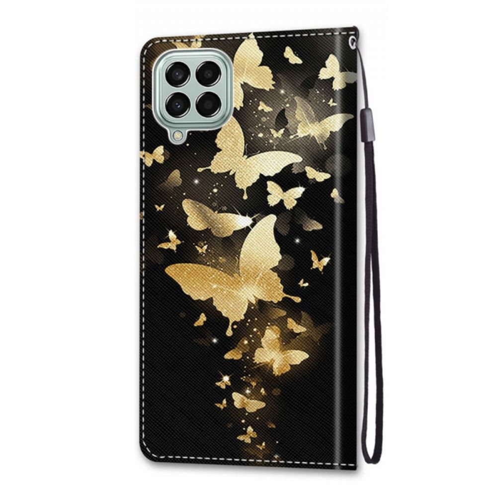 Flip Case voor Samsung Galaxy M53 5G Met Ketting Gouden Vlinders Met Riem