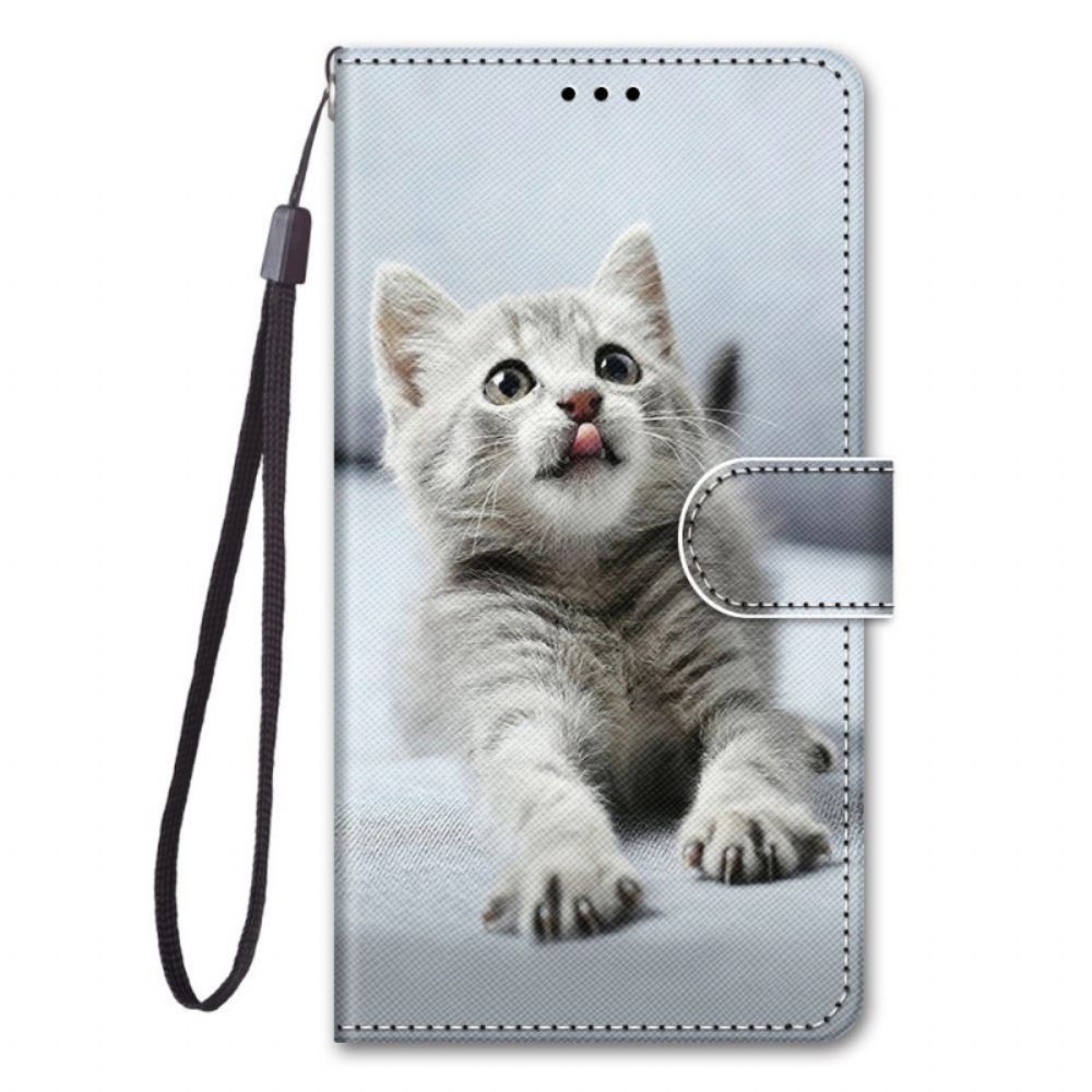 Flip Case voor Samsung Galaxy M53 5G Met Ketting Grijze Kitten Met Bandjes