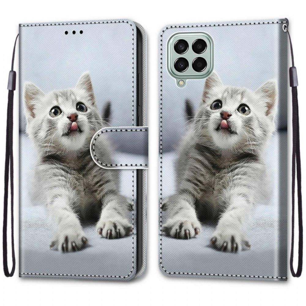 Flip Case voor Samsung Galaxy M53 5G Met Ketting Grijze Kitten Met Bandjes