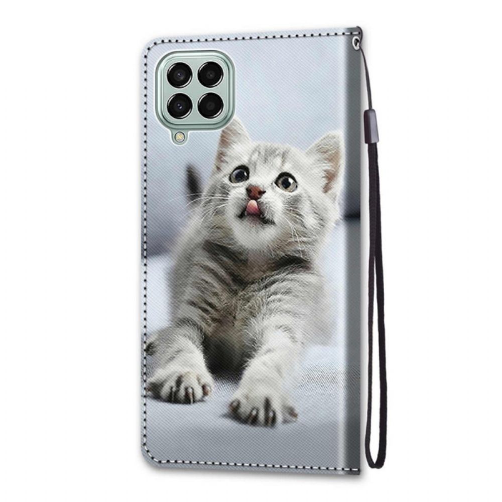 Flip Case voor Samsung Galaxy M53 5G Met Ketting Grijze Kitten Met Bandjes