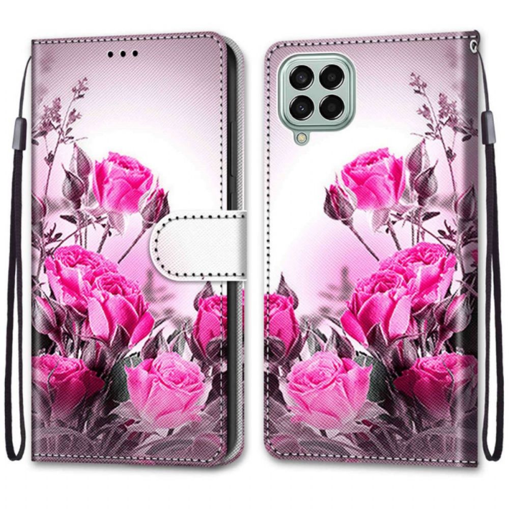 Leren Hoesje voor Samsung Galaxy M53 5G Met Ketting Thong Bloemen