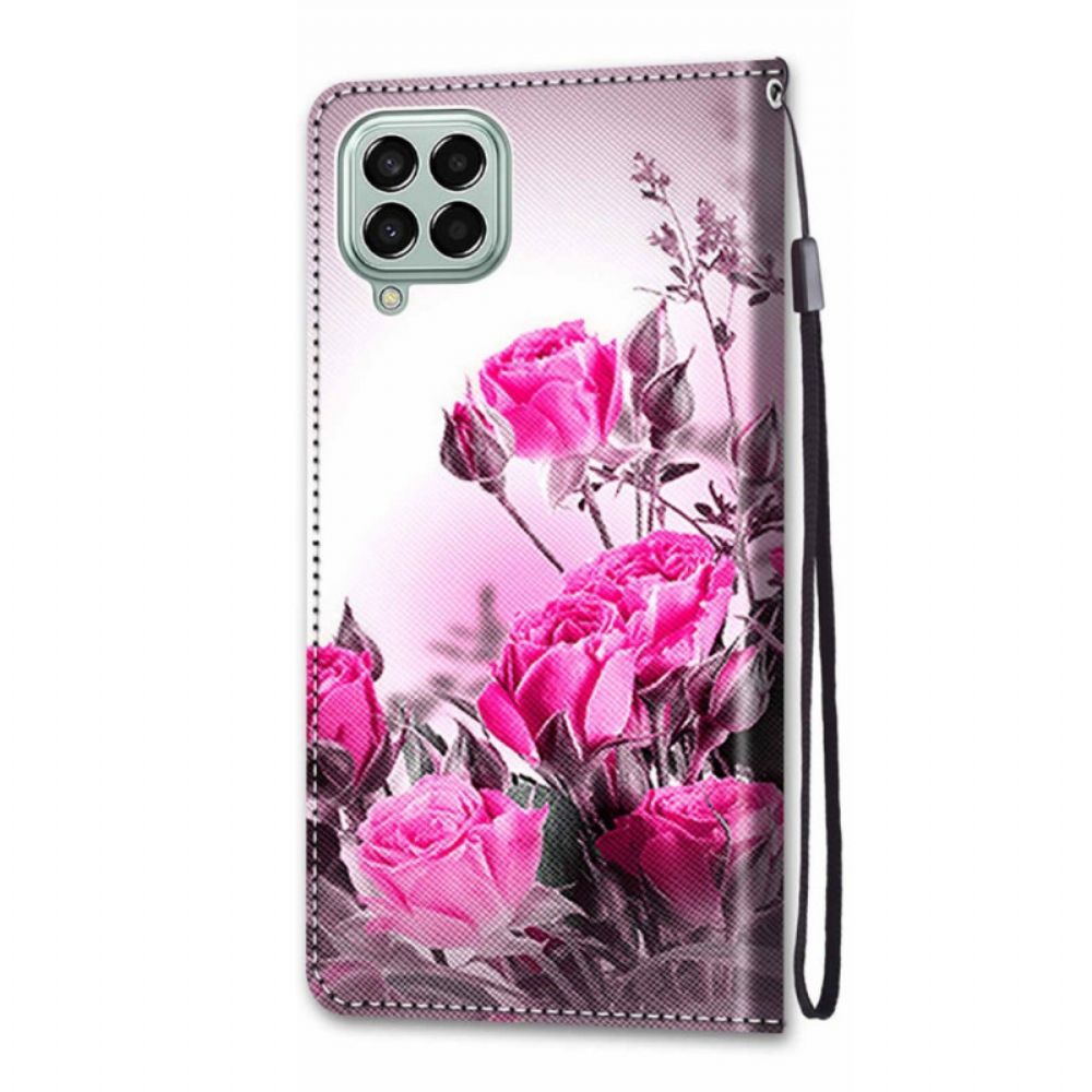 Leren Hoesje voor Samsung Galaxy M53 5G Met Ketting Thong Bloemen