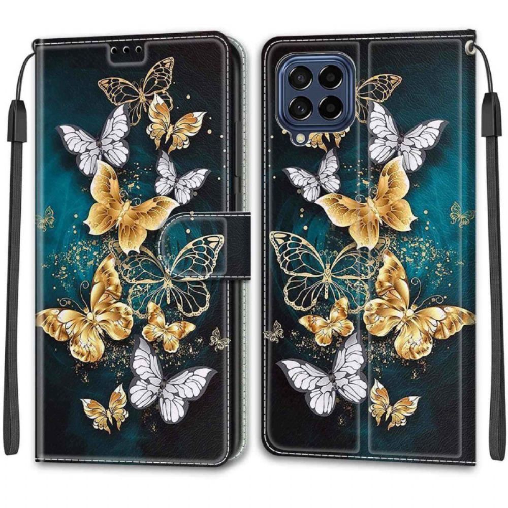 Leren Hoesje voor Samsung Galaxy M53 5G Met Ketting Thong Vlinders Fan