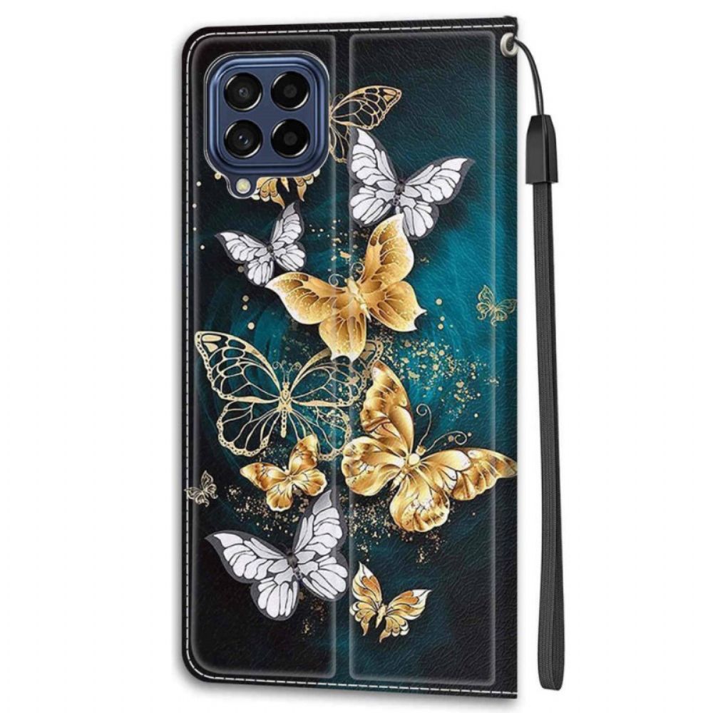 Leren Hoesje voor Samsung Galaxy M53 5G Met Ketting Thong Vlinders Fan