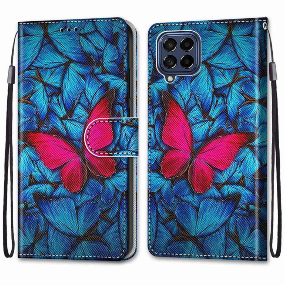 Leren Hoesje voor Samsung Galaxy M53 5G Rode Vlinder Op Blauwe Achtergrond