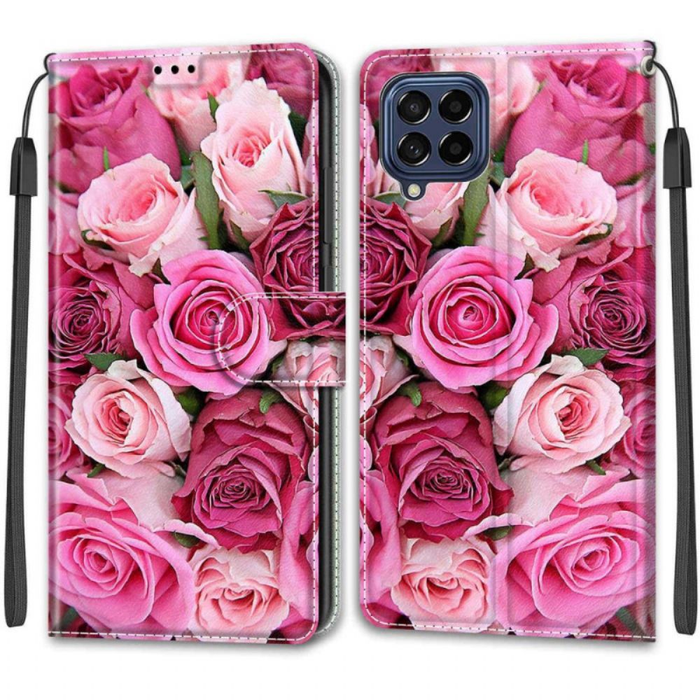 Leren Hoesje voor Samsung Galaxy M53 5G Rozen Met Riem