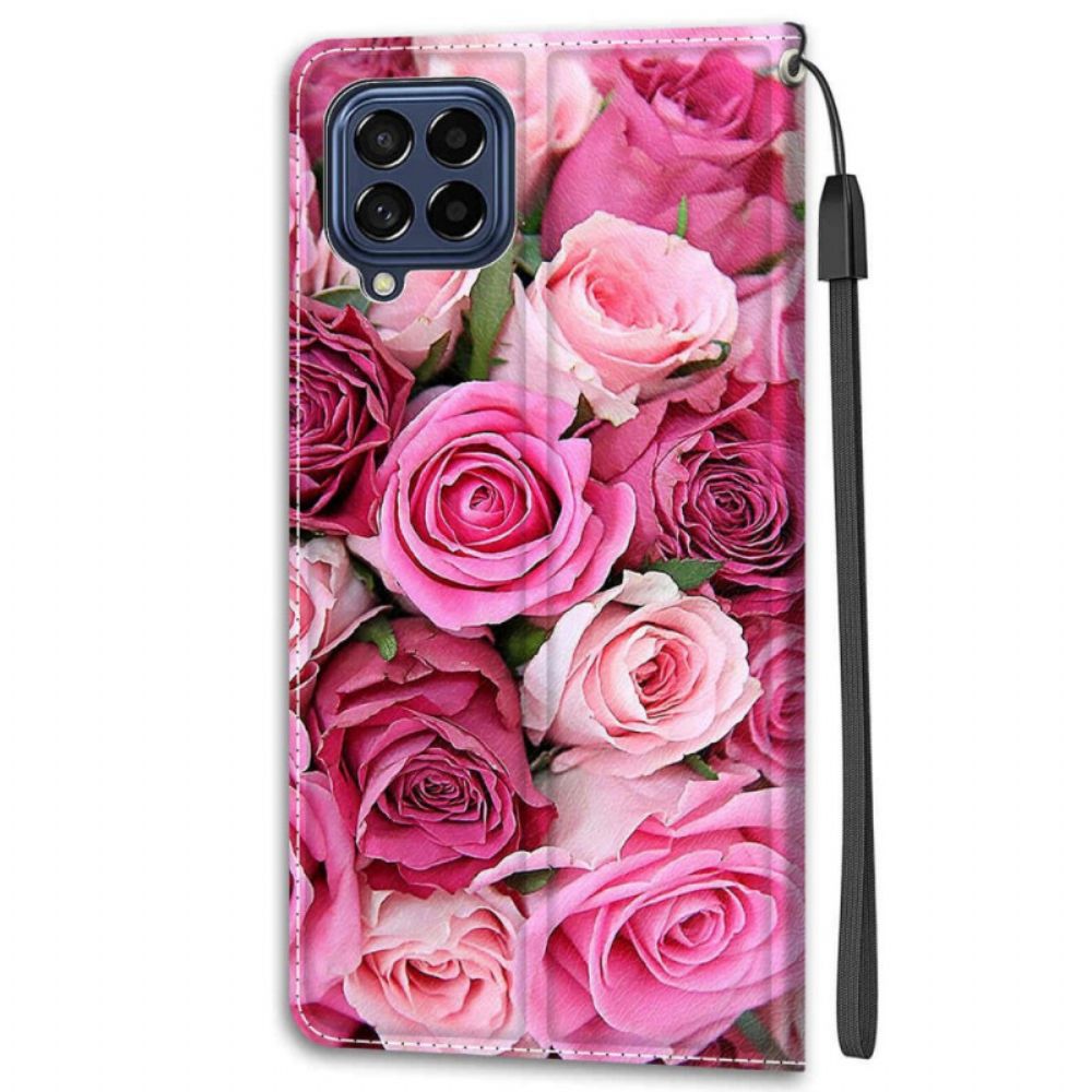 Leren Hoesje voor Samsung Galaxy M53 5G Rozen Met Riem