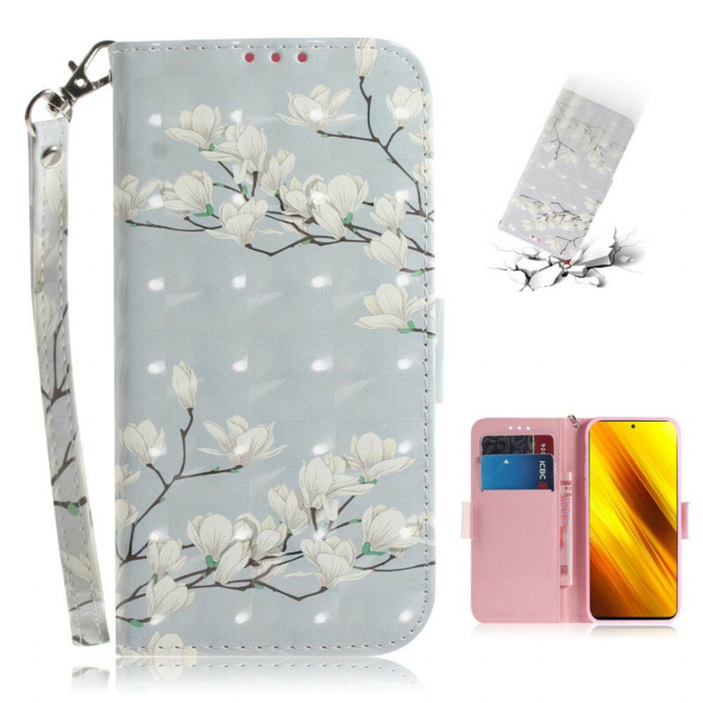 Folio-hoesje voor Poco X3 / X3 Pro / X3 NFC Met Ketting Thong Bloementak