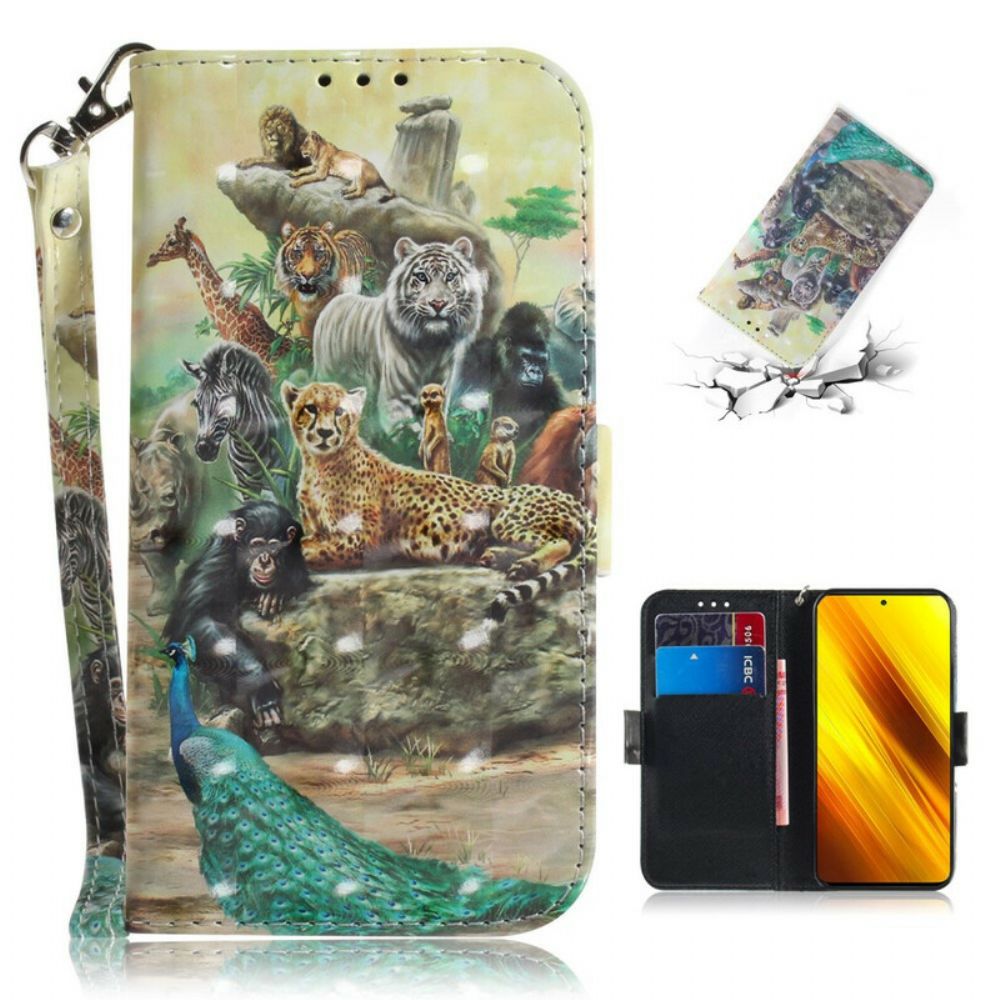 Folio-hoesje voor Poco X3 / X3 Pro / X3 NFC Met Ketting Thong Safari Dieren