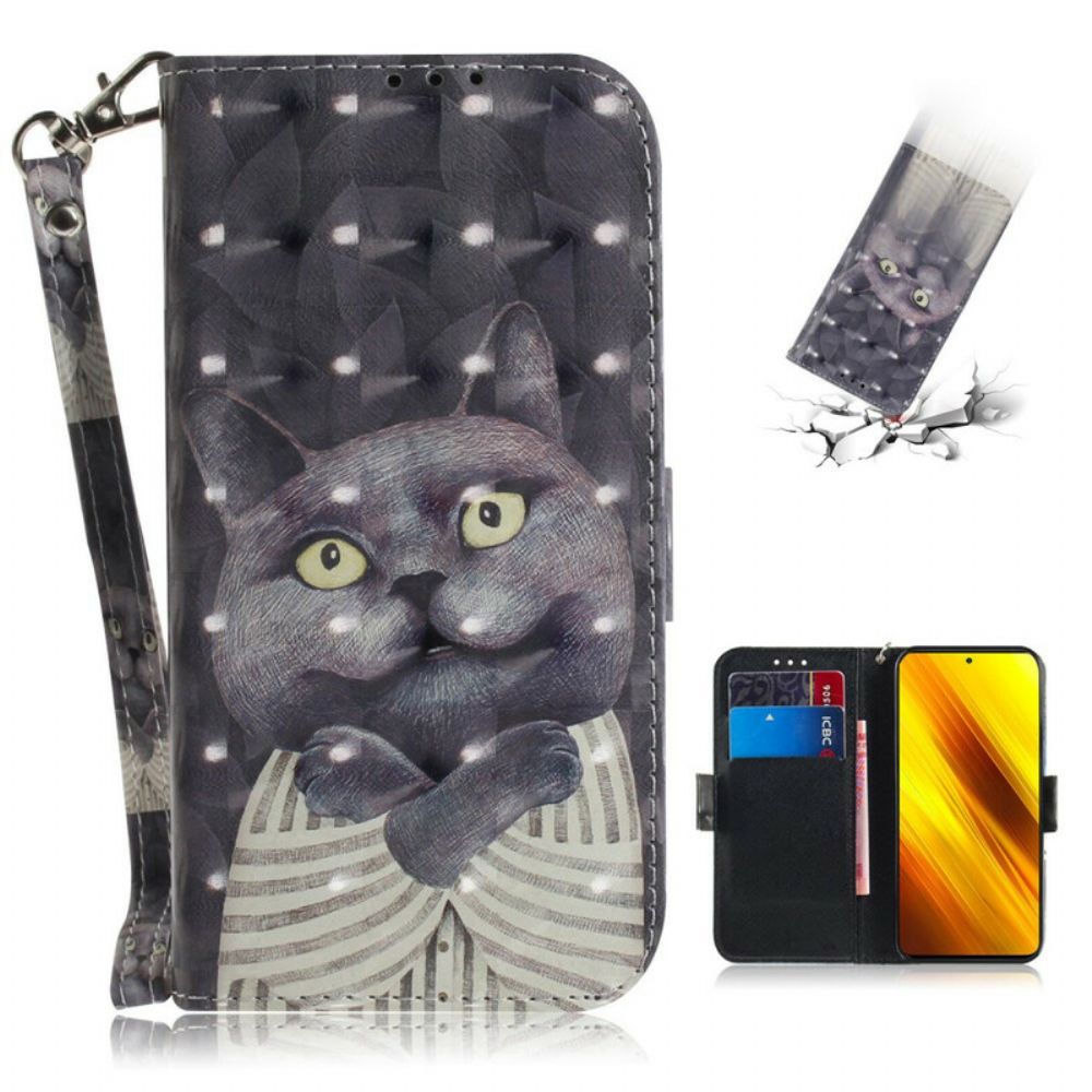 Leren Hoesje voor Poco X3 / X3 Pro / X3 NFC Met Ketting Grijze Kat Met Bandjes