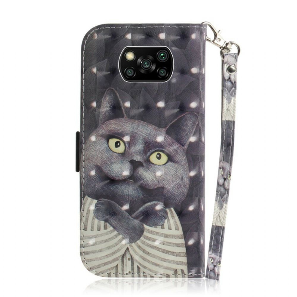 Leren Hoesje voor Poco X3 / X3 Pro / X3 NFC Met Ketting Grijze Kat Met Bandjes