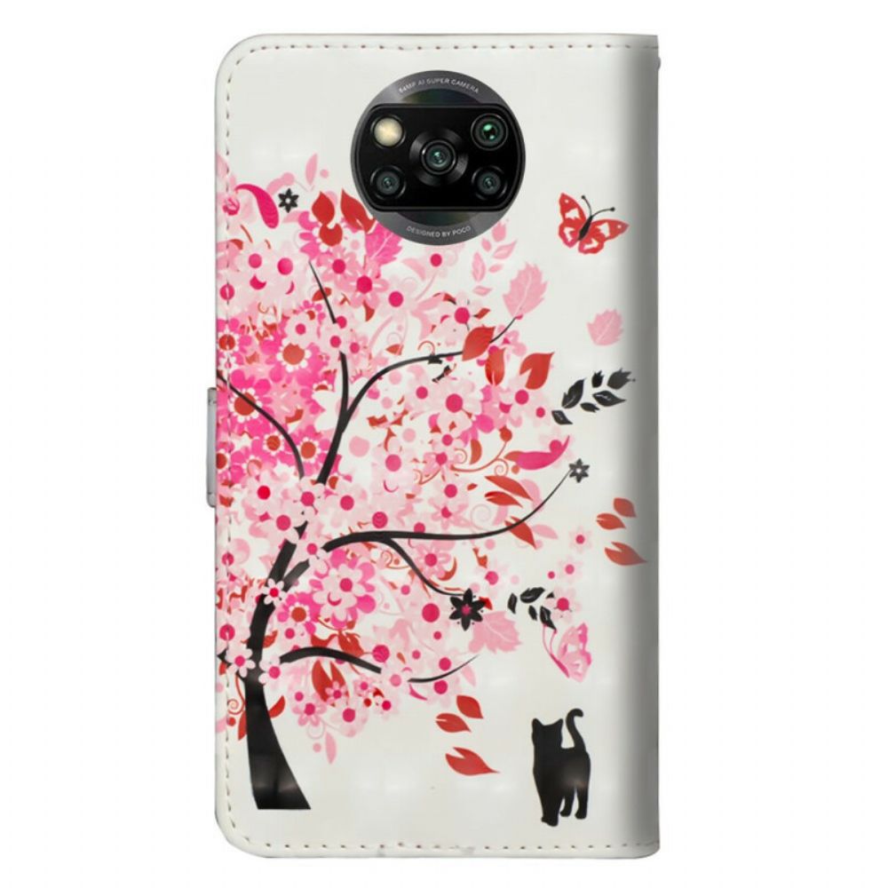 Leren Hoesje voor Poco X3 / X3 Pro / X3 NFC Roze Boom En Zwarte Kat