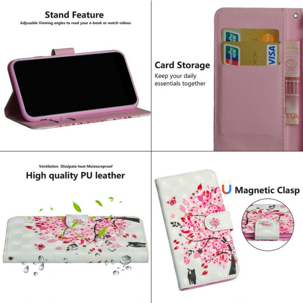 Leren Hoesje voor Poco X3 / X3 Pro / X3 NFC Roze Boom En Zwarte Kat