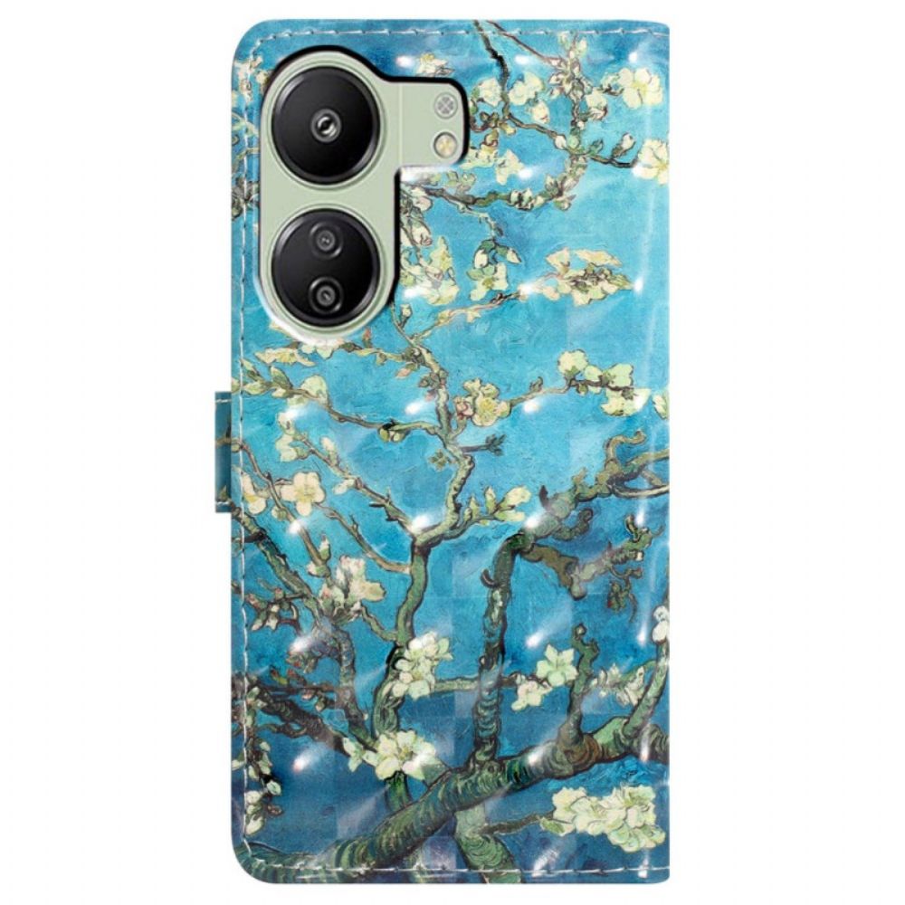 Flip Case Leren Poco C65 Abrikozenbloemen Met Riempje