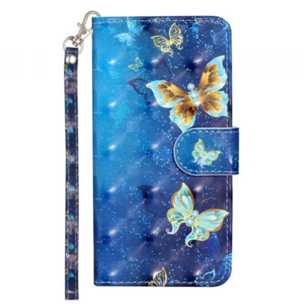 Flip Case Leren Poco C65 Blauwgouden Vlinders Met Riem